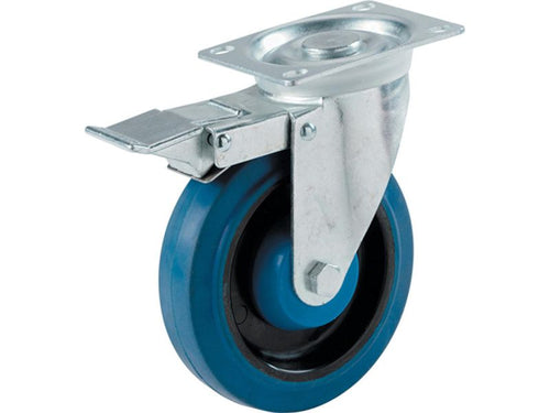 Shepherd Hardware 4-Inch Swivel Plate Elastic Blue Rubber Caster with Brake, 265-lb Load Capacity